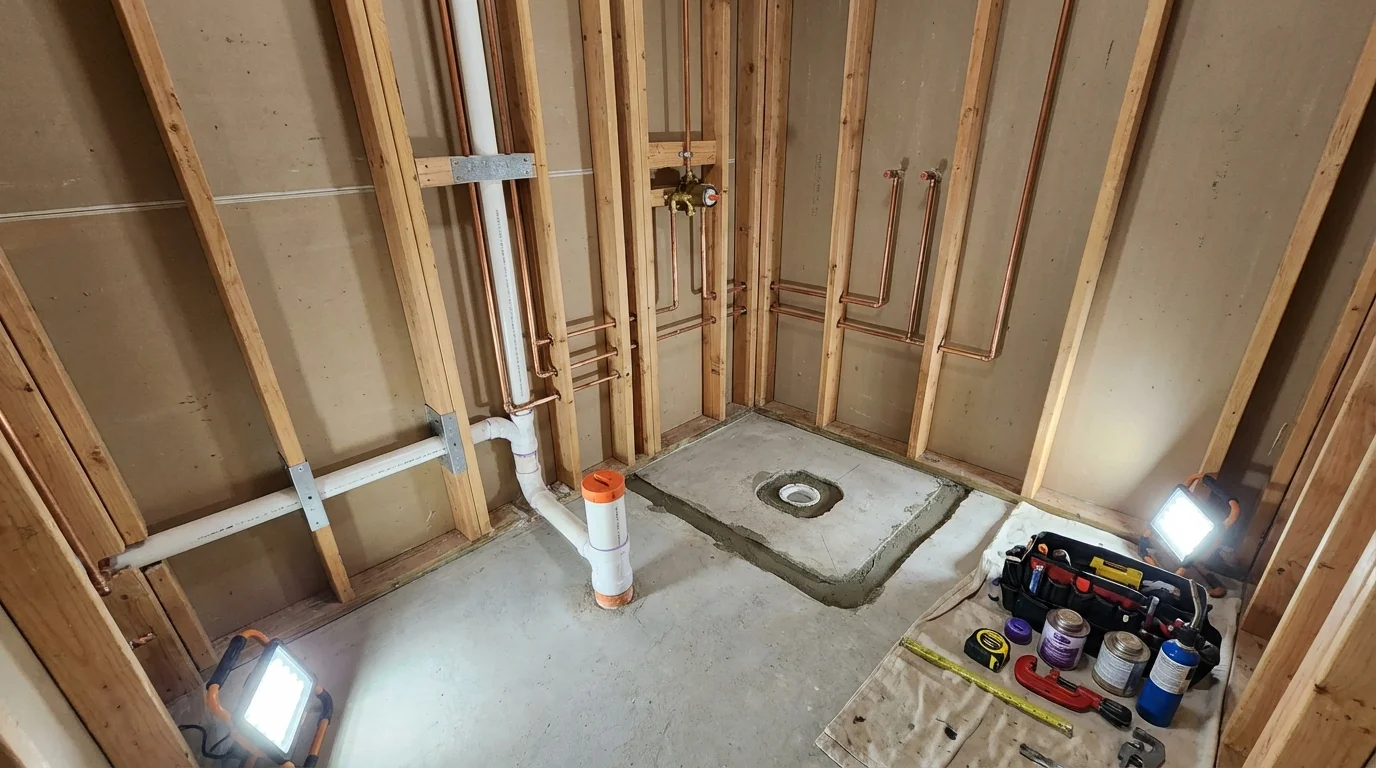 Bathroom rough-in plumbing during remodel by Johns Plumbing LLC in Northampton
