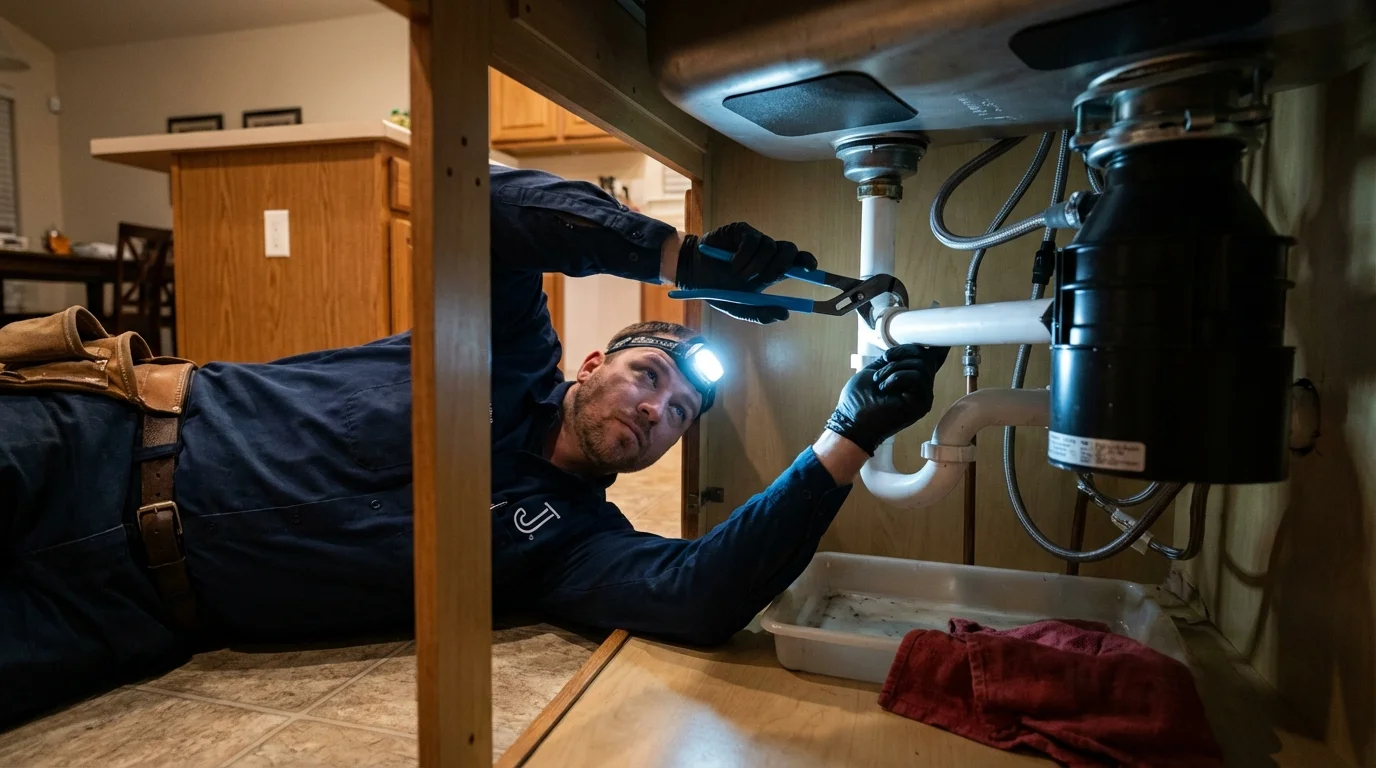 P-trap and supply line connections under a kitchen sink showing a common leak point in Northampton, PA